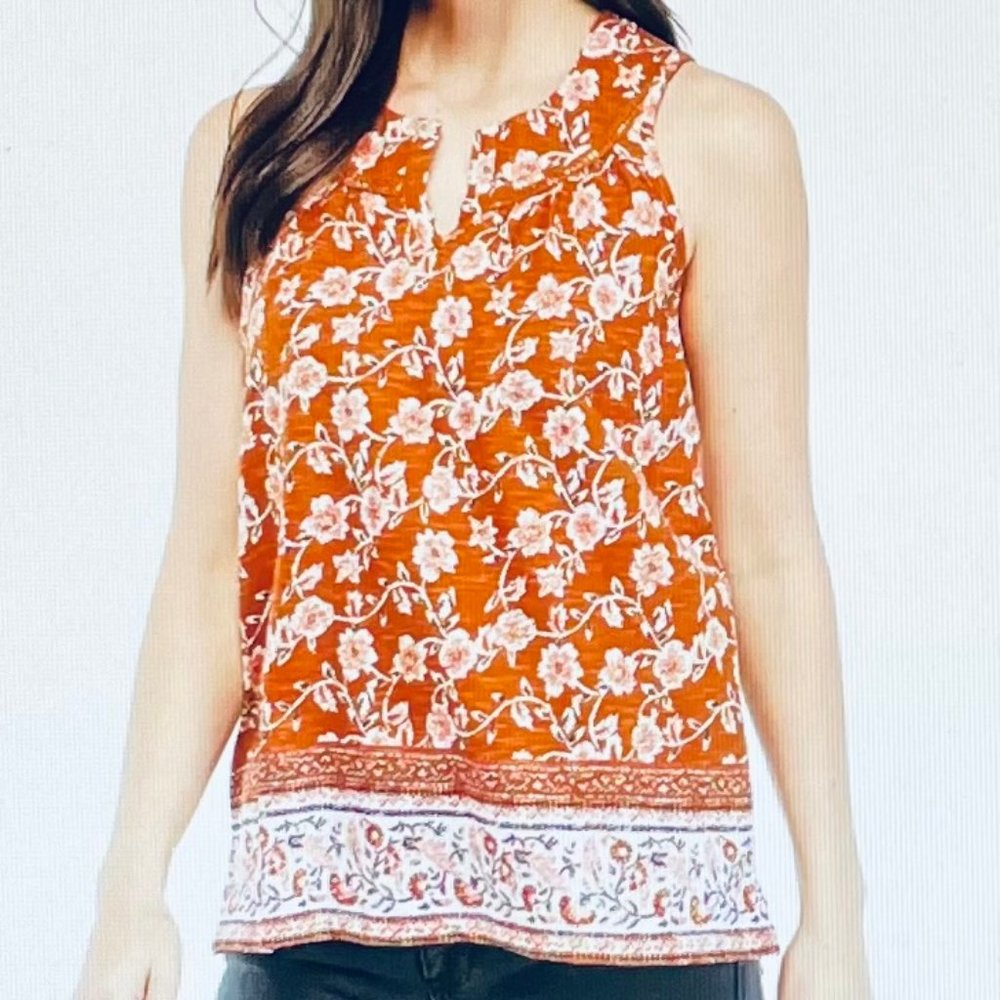 New Directions Sleeveless Split Neck Floral Top in Brown/Rust (L) New With Tag